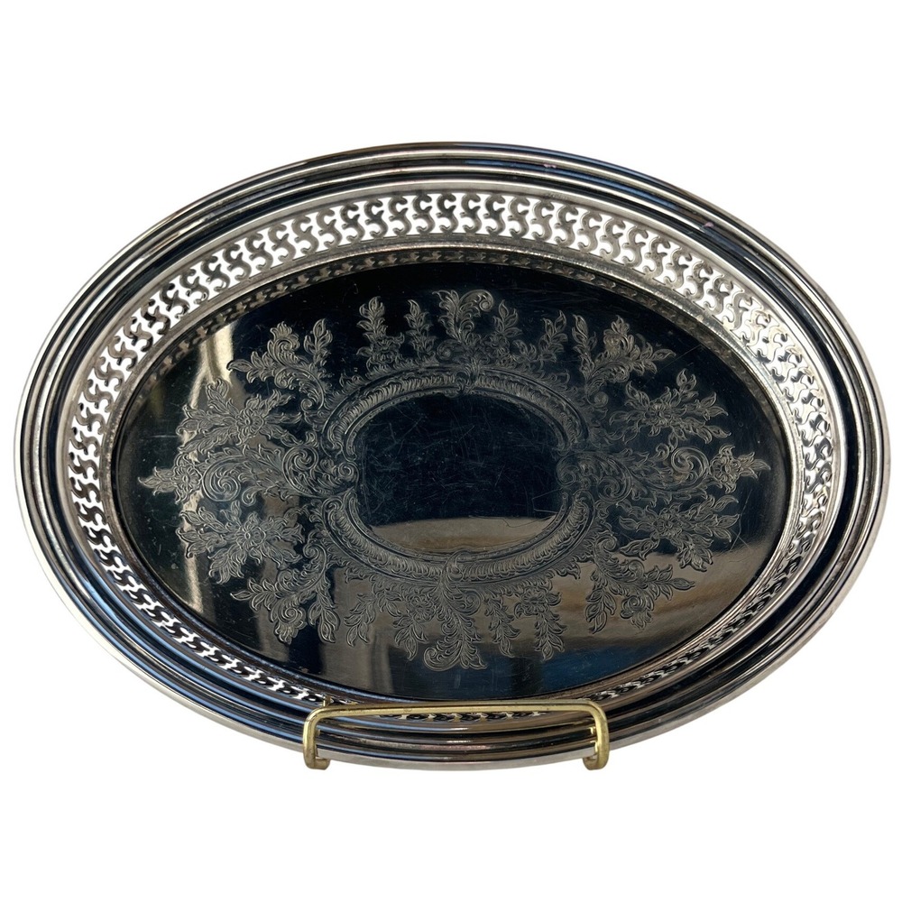 Vintage Oneida Silverplate Gallery Tray 12" Etched Floral Pierced Rim Platter